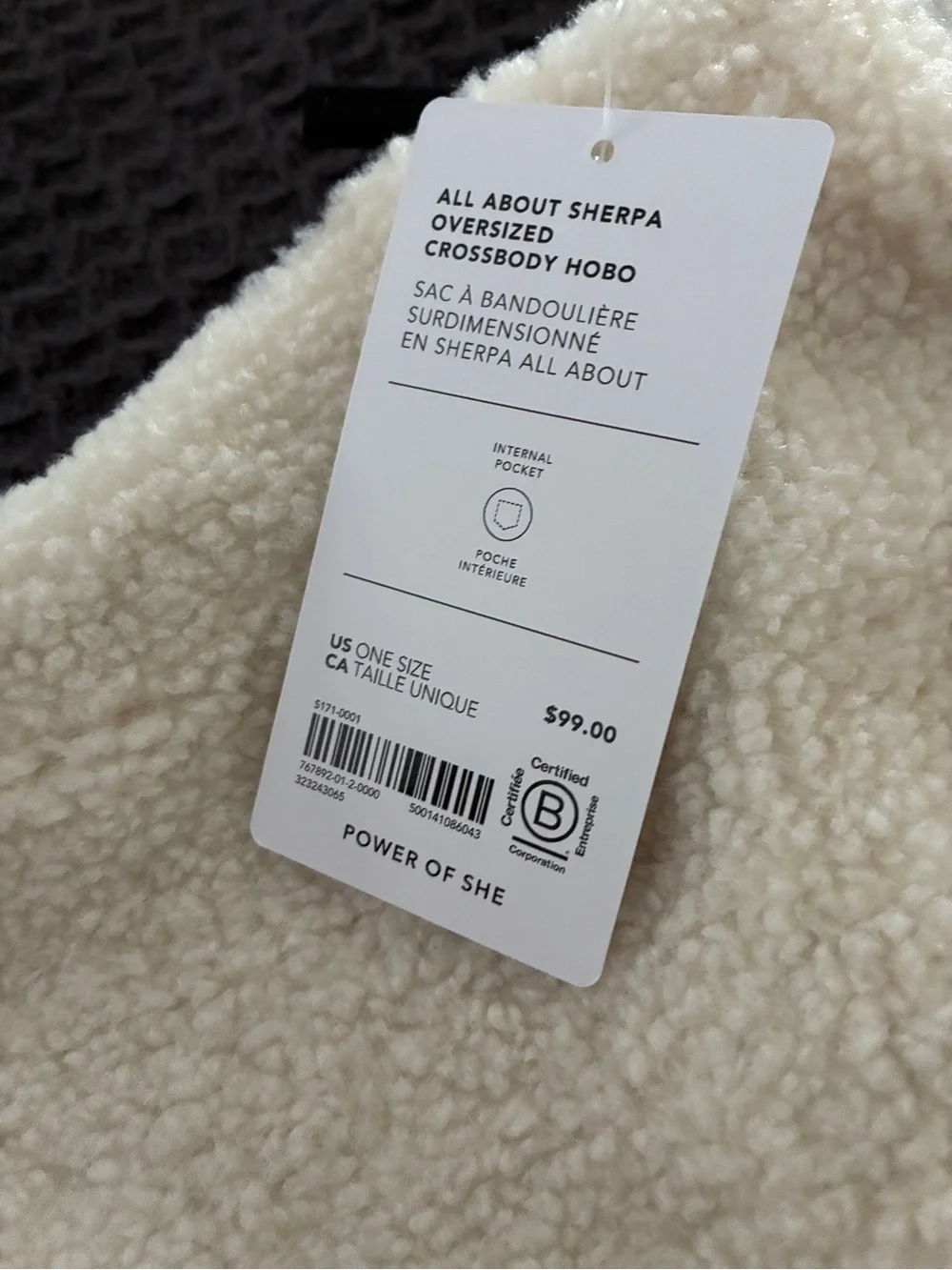 Athleta Cream Sherpa Hobo Bag with Black Zipper Trim